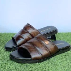 Brown Quilted Leather Open-Toe Slippers - S003