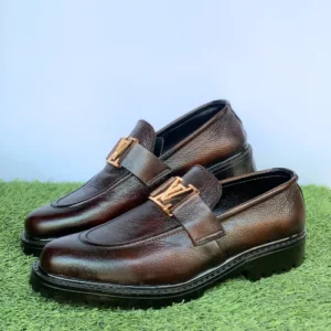 Brown Leather Loafers with Gold Emblem - L004