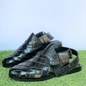 Black Croc-Embossed Kherri Sandals - K001