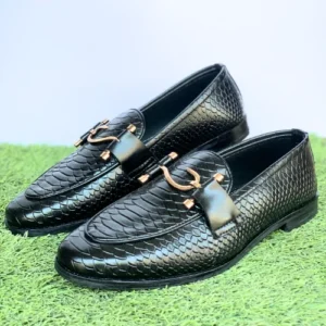 Premium Black Loafers with S-Buckle - L003