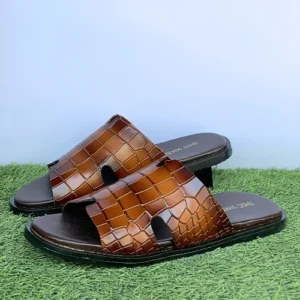 Brown Croc-Embossed Leather Slippers - S001